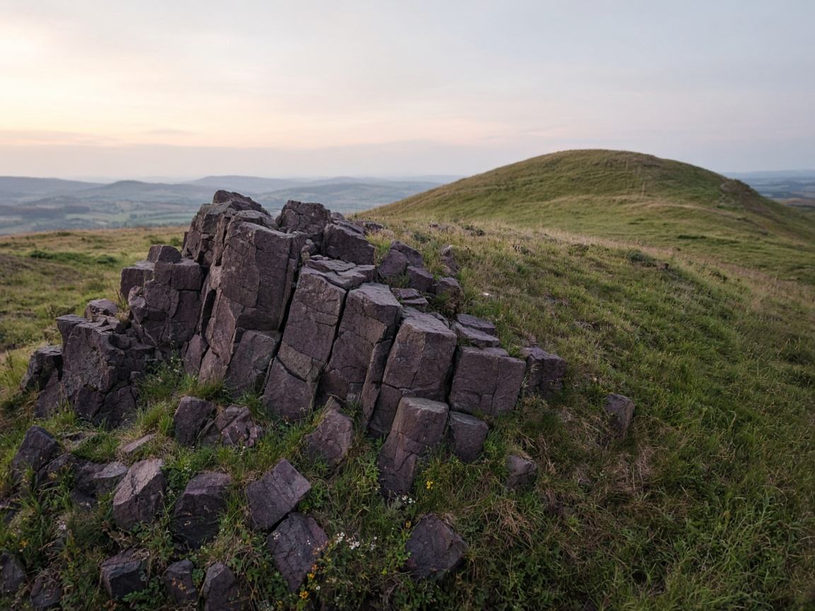 Basalthügel und dunkles Gestein in der Rhön