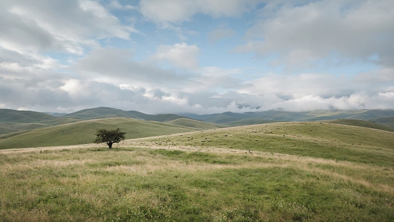 Weite Hochwiese der Rhön mit Wind und einzelnem Baum