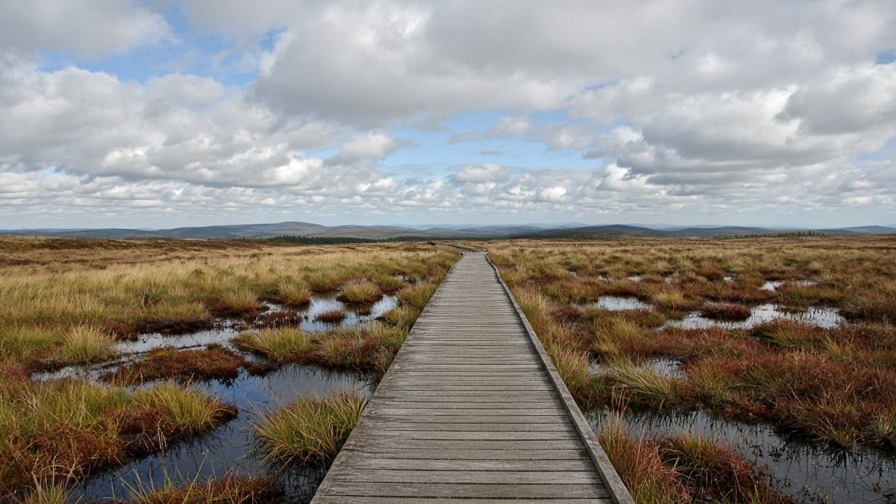Bohlenweg durch ein Hochmoor in der Rhön